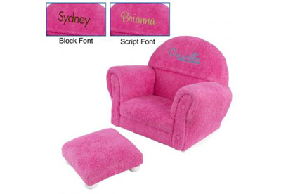 Personalized Bubble Gum Chenille Upholstered Rocker & Ottoman with Slip Cov Personalized Bubble Gum Chenille Upholstered Rocker & Ottoman with Slip Cover